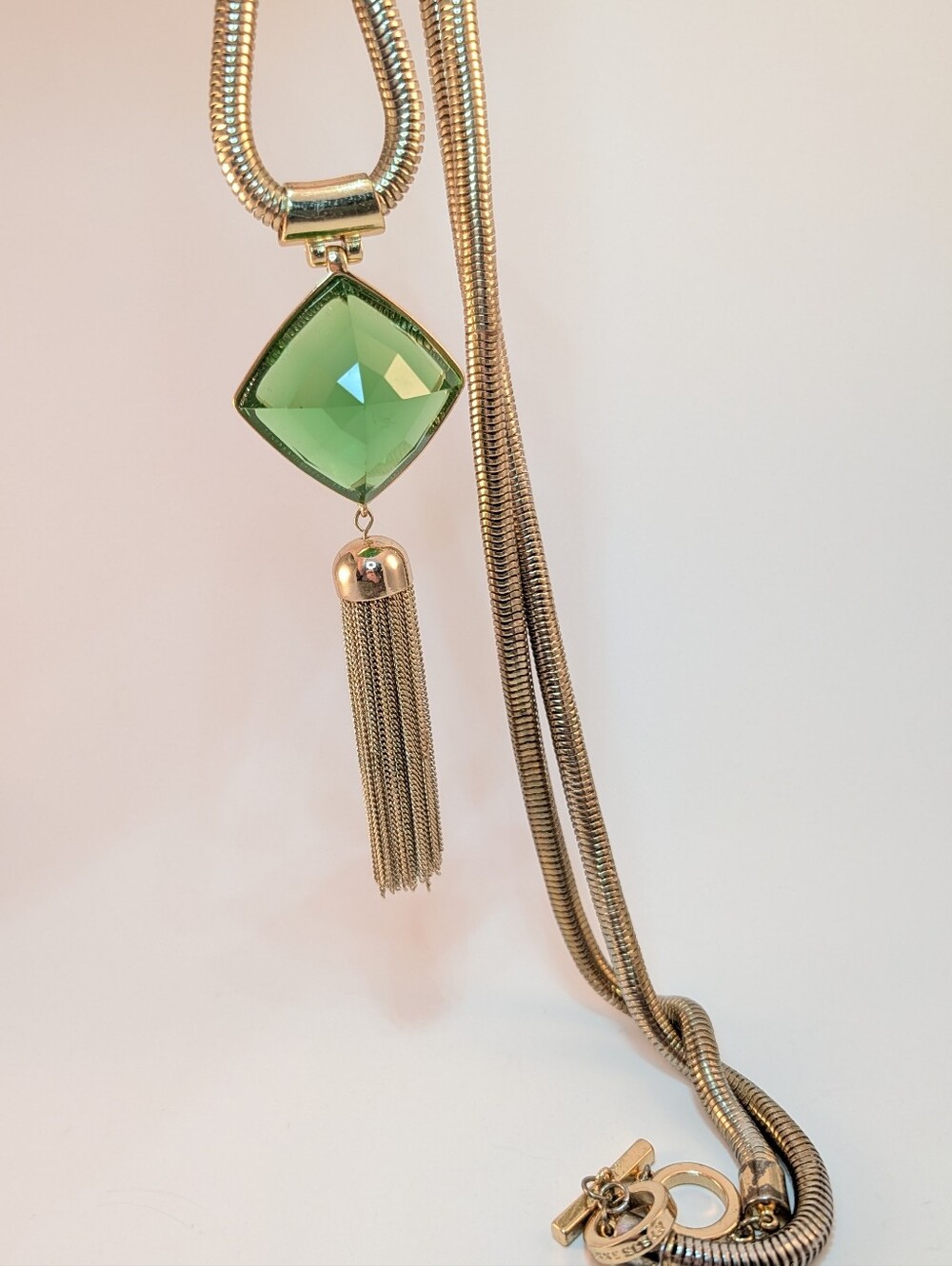 Anne Klein Vintage Gold-Tone Necklace with Green Pendant and Tassel - Picture 6 of 13